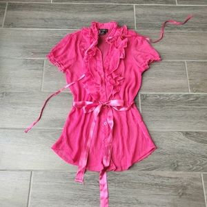NWOT Dizzy Lizzy Fuchsia Pink Sheer Tie Neck Top w/ Ruffles & Ribbons